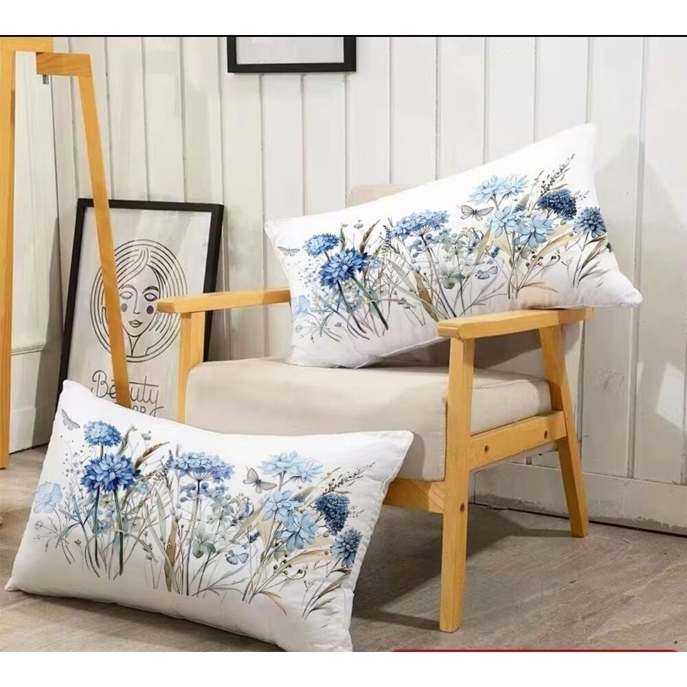 New Decorative White & blue floral lumbar Pillow Cover 19x27 couch throw Cushion